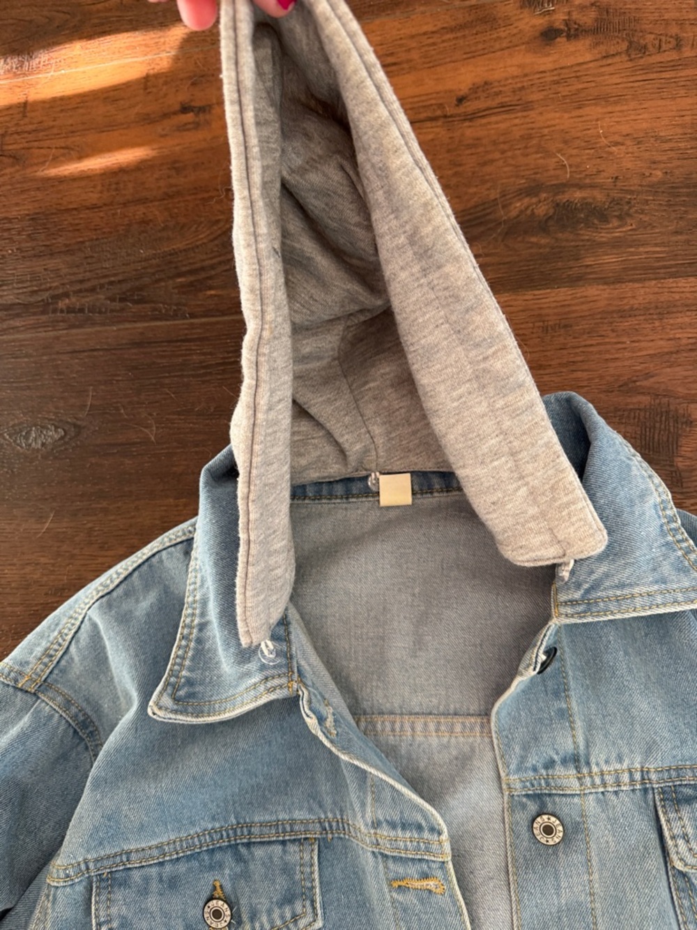 Light Wash Denim Jacket with Attached Gray Hood - Picture 4 of 7